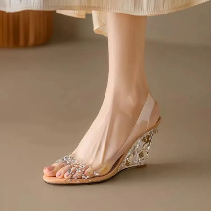 Summer New Round Toe Open Toe Rhinestone Clear Fish Mouth High Heels Fairy Crystal Wedge Sandals