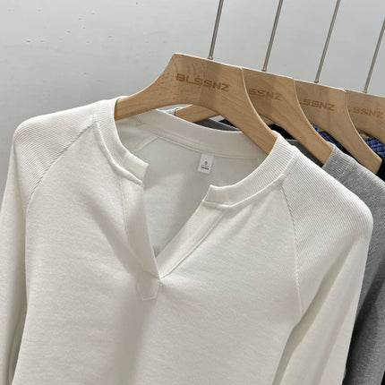 Basic Style Slim Fit V-Neck Long Sleeve T-Shirt Korean Style Versatile Simple Base Layer Top Casual Tee for