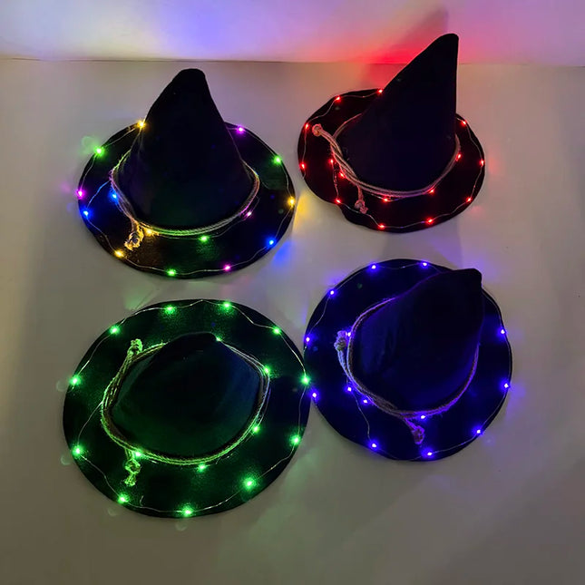 LED Light Up Witch Hat Black Pointed Wizard Hat with Rope Glowing Party Hats Halloween Cosplay Costume Accessory for Women
