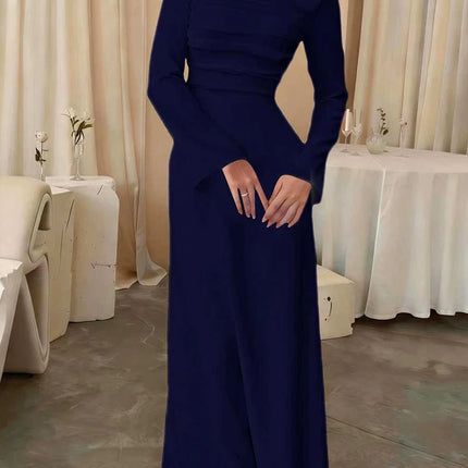 Temperament Women Long Sleeve Party Maxi Dresses Fashion Square Collar Pleated Evening Dress White Slim High Waist Banquet Dress