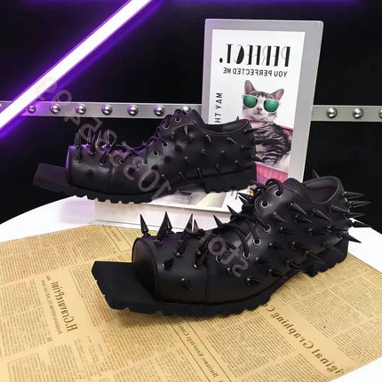 Women's Black Leather Hog Toe Boots Punk Y2K Chunky Heel Lace-Up Casual Spiked Pumps Street Fashion Spring 2026