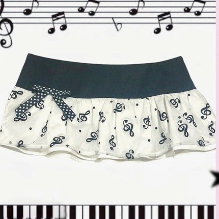 Y2K Music Note Print Mini Skirt, Black White Ruffle Micro Skirt with Polka Dot Bow,Kawaii Aesthetic Low Waist Skirt for Women