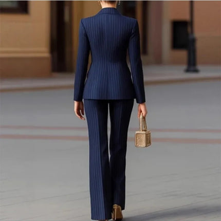 Fashion Autumn Winter Ladies Pant Suit Women Striped Female Business Work Wear Jacket Blazer and Trouser Formal 2 Piece Set