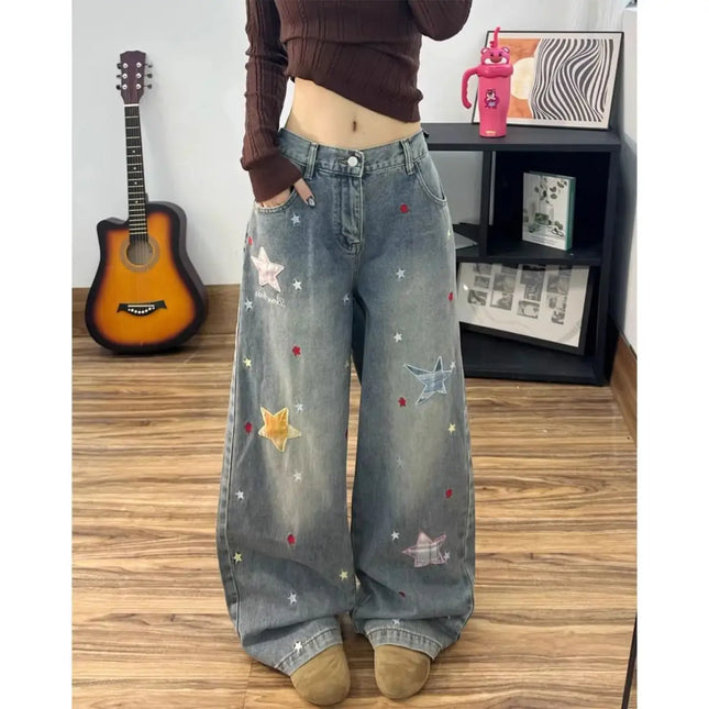 Spring Men's Graffiti Star Embroidered Baggy Jeans High Street Retro Straight Wide-Leg Denim Pants  New Y2K Vintage Jean