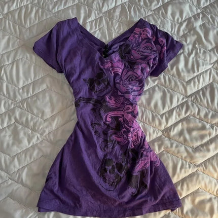 Japanese Subculture Vintage Purple Print T-Shirt Women Y2k American Retro Slim Tees Casual Harajuku Grunge Fashion Hottie Tops