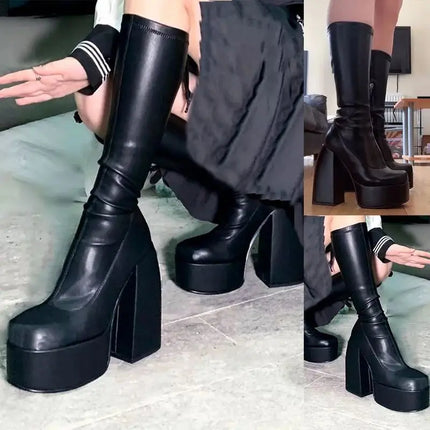 Women's Square Toe High Heeled Boots Long Short Tube Block Heel  Boots Women Platform Shoes Black Cowboy Boots for Women