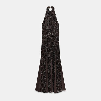 Elegant Sequin Shiny Halter Long Dress Fashion Sexy See Through Sleeveless Backless Slim Fit Gown NEW Lady Evening Party Outfit