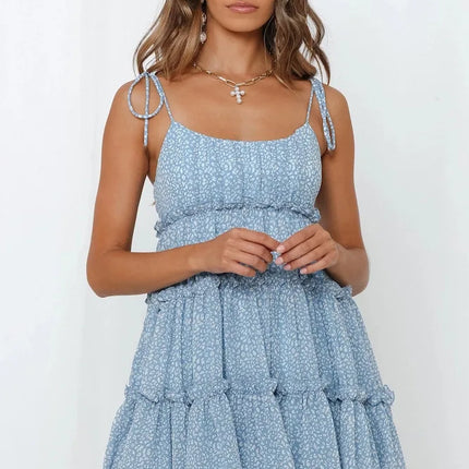 Bowknot Spaghetti Strap Flower Chiffon Mini Dresses Women Fashion Sexy Backless Elegant Vacation Style Dress Female New Vestidos