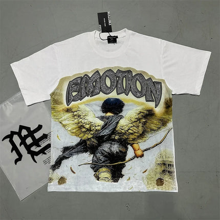 Fashion Brand Mixed Emotion Embroidery Rhinestone American Streetwear Angel Print Hot Diamond Top Tee Men Women Loose T shirts