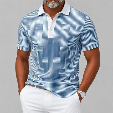 Men's Blue White Vertical Stripe Print Polo Shirt, Casual Tops For Spring Summer Daily Streetwear & Smart Casual Occasions