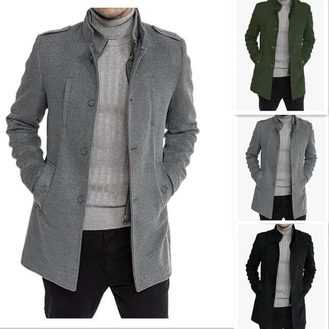 Nueva moda para hombre, cortavientos atractivo, abrigo de lana con cuello doble para otoño e invierno, chaquetas masculinas de lana de moda de negocios para hombres de mediana edad