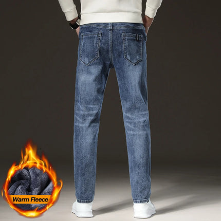 Warm Winter Jeans Men's Fleece Light Blue Slim Straight Denim Pants High Quality Thicken Velvet Elastic Comfort Casual Trousers