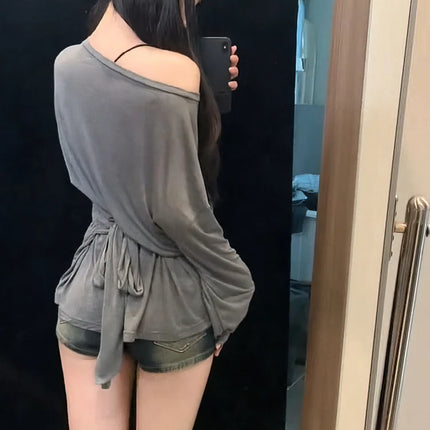See Through Long sleeve Oversize T shirt Women Sexy Back Bandage Off shoulder Top Female Basic Long Tees Korean Chic Lady New
