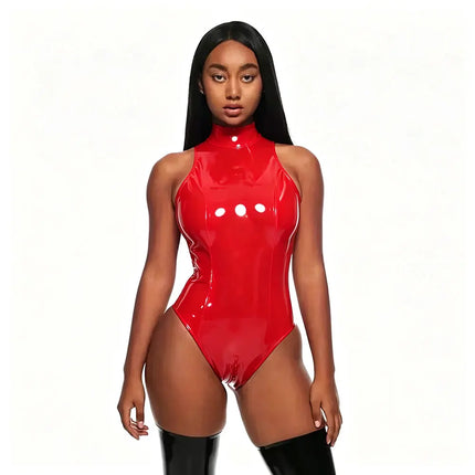 Sexy Sleevess Faux Latex Bodysuits Women Wet Look Patent Leather Bodysuits High Neck Stretch PU Bodycon Bodyduits Clubwear New