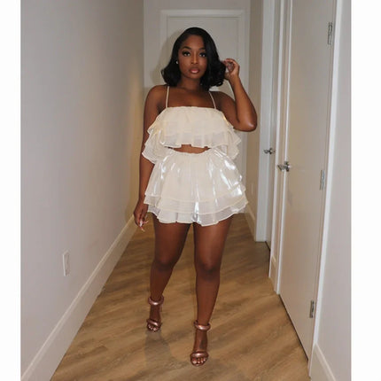 CM.YAYA Chic Women's Set Strap Cascading Ruffles Crop Top and Flare Shorts Skirt 2023 Summer Two 2 Piece Set Outfits Tracksuit
