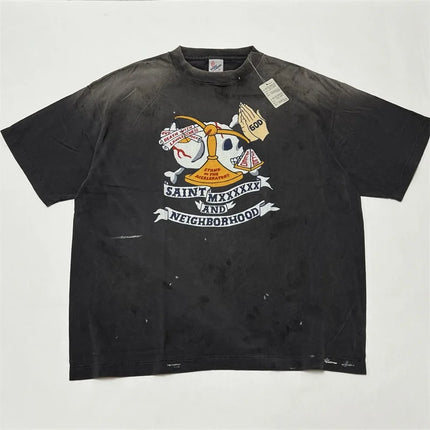 SAINT Mxxxxxx T-Shirts Men Women 1:1 Best Quality Anime Character Print Black Washed Oversized Short Sleeve