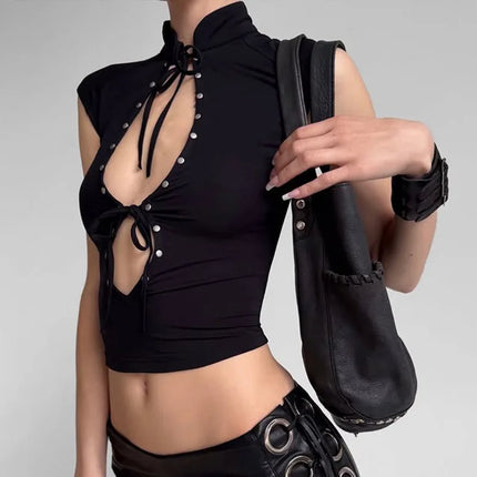 T-Shirts Tees Tops Hollow Out Solid Slim Sleeveless Half High Collar Party Dark Club Street Style Chic