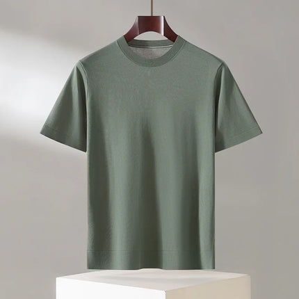 100% Lyocell Men's T-Shirt Casual Solid Color Knitted Pullover Short-Sleeved Loose Round Neck Tees Pull Vest Tops