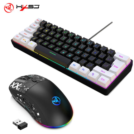 HXSJ-60% RGB Backlit Gaming Keyboard and Mouse Set 61-Key Wired Keyboard 3-Mode Optical Gaming Wireless Mouse for - product i
