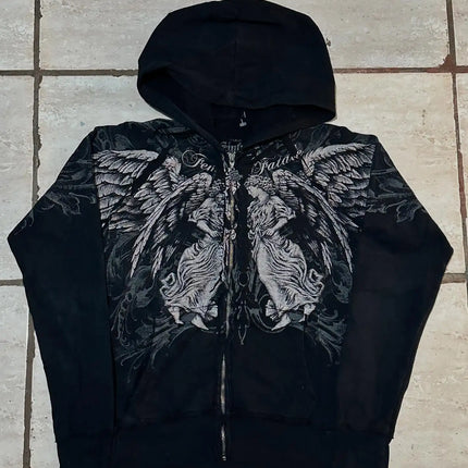 Harajuku Black Hoodie Fashion Street Gothic Skull Oversize Zipper Hoodie Men Women Hip Hop Casual Sweatshirt Personality Hoodie