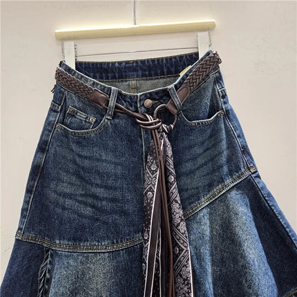 Denim Skirt Women Asymmetrical Skirts Patchwork Lace Vintage High Waist Belt Washed Distressed Streetwear Spring Summer 2026