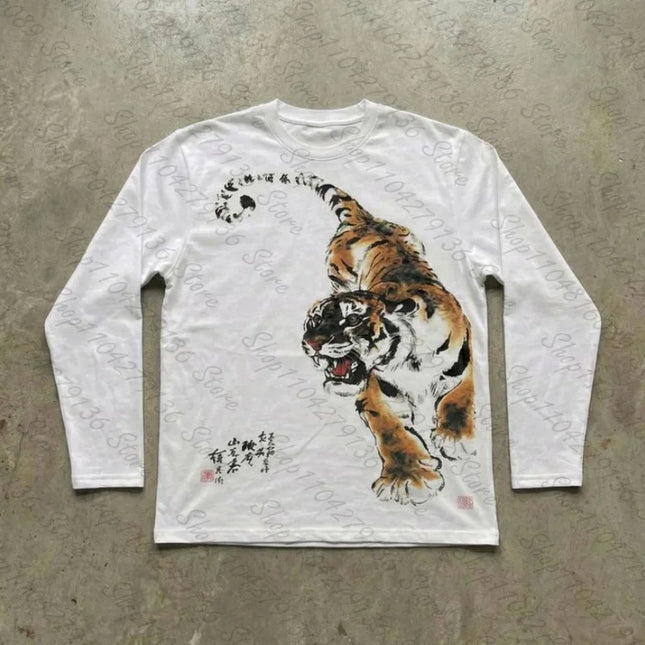 Y2K Damen Lustiges, Horror- und lustiges Tiger-Muster Bedrucktes Langarm-T-Shirt für den täglichen Gebrauch