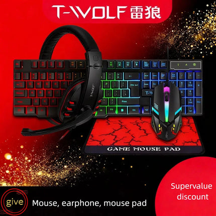 T-WOLF Thunderwolf TF880 Wired Keyboard, Mouse, Headphones and Audio Five-piece E-sports Game Enjoy Super Fast - product imag