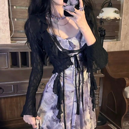Dress Outfits 2 Piece Sets Women Clothing Lace Crop Shirts Vintage Butterfly Print Gauze Irregular Dresses Suit Chic Summer Set