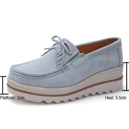 Women Cow Suede Casual Shoe Wedge Platform Height Increasing Single Shoes Tassel Muffin Shake Loafers Mother Walking Shoes 35-42