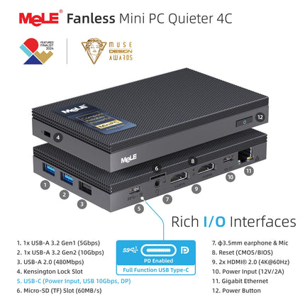 MeLE Quieter4C N150 Fanless Mini PC,8GB RAM DDR4 256GB SSD Micro Desktop Computer,Dual HDMI,Support 4K Triple Display USB3.2,USB-C,WiFi5 BT5.1,Small Portable PC Industrial Business