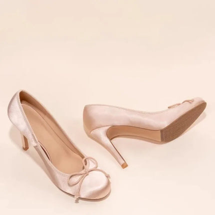 French Style Women Shoes Luxury Silk Bow Thin Heel Single Shoe Classic Round Toe Shallow Mouth High Heels for Women Ballet Pumps