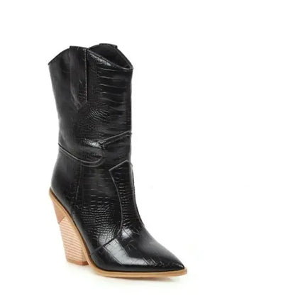 New Classic Embroidered pointed Sexy Cowboy Boots for Women Leather Cowgirl Boots High Heels Shoes Mid Calf Woman Boots Large