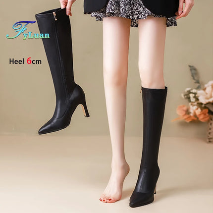 Spring Autumn Elastic Leather Boots For Women 6CM 8CM High Heels Side Zipper Knee-high Boors Fashion Pointed Winter Woman Shoes