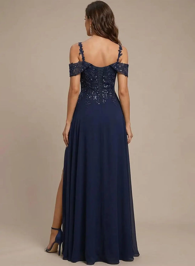 Pailletten-Spitzen-Mutter-der-Braut-Kleider für Damen mit Schlitz Spaghettiträgern Langes Formelles Abendkleid