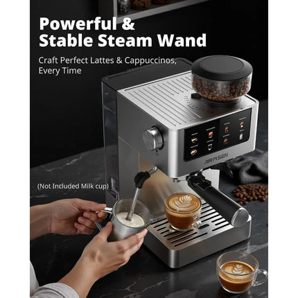 Espresso Coffee Machine 20 Bar with Burr Grinder Milk Frother Wand for Cappuccino Latte Americano and Iced Cold Brew