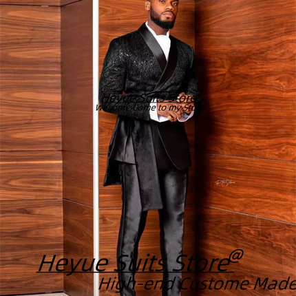 Customized Black Jacquard Shawl Lapel Jacket Pant Cape Groom Wedding Tuxedos Luxuly Male Prom Party Blazers Handsome Ropa Hombre