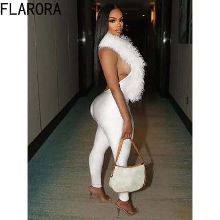 FLARORA Sexy Faux Fur Jumpsuits Woman Halter Deep V Neck Sleeveless Backless Bodycon One Piece Playsuits Elegant Party Clubwear