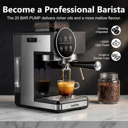 20 Bar Espresso Machine with Grinder, Milk Frother, 60oz Tank for Home