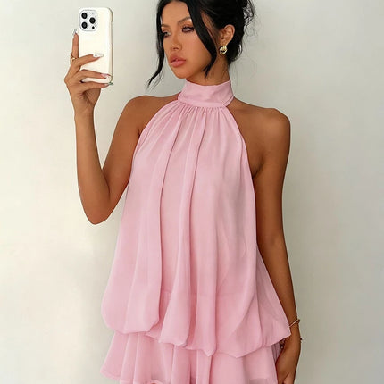 Women Halter Neck Backless Tie Mini Dress Summer Sleeveless Chiffon Ruffle Short Dresses Sexy Club Party Beach Vacation Outfit