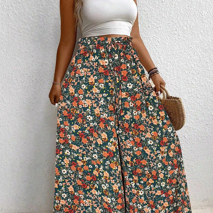 Plus Size Women's Clothing Loose Comfortable Commuting Casual Style Summer Printed Long Pants Elastic Waist Drawstring Draped Wide Leg Pants