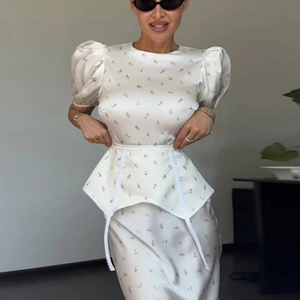 Women's White Floral Print Puff Sleeve Dress With Waistband Fashion Satin Ruffled Hem Maxi Dress Lady 2026 Elegant Party Robes