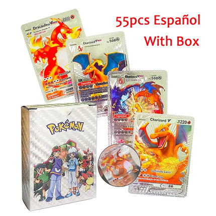 55pc English card Charizard Gold Foil Cards Golden Letters English Spanish Game Card Metalicas Vmax Gx Series Gift