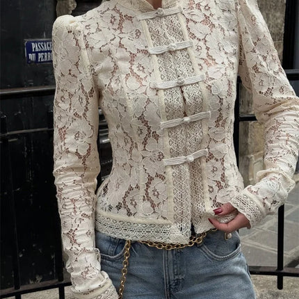 Summer Lace Printed Shirts Tops Hollow Out Commute Vintage See-Through Blouse Lace Shrug Shirts