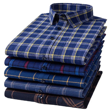 Mens 100% Cotton Casual Shirt Slim Fit Button Classic Striped Plaid Long Sleeve Shirts Single Pocket Comfortable Workwear Shirts