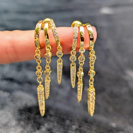 14k Gold Plated Triple Huggie Stud Earrings for Women Sparkling CZ Chain Tassel Hypoallergenic Dangle Earrings Jewelry Gifts