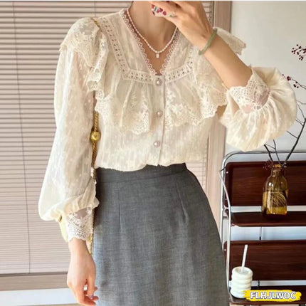 2024 Spring Autumn Basic Shirts Blouses Women Fashion Long Sleeve Elegant Office Lady Work Solid White Ruffled Chic Tops Blusas