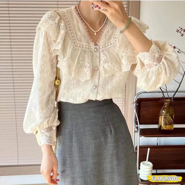 2024 Frühling Herbst Basic Hemden Blusen Damen Mode Langarm Elegante Office Lady Arbeit Einfarbig Weiß Rüschen Chic Tops Blusas