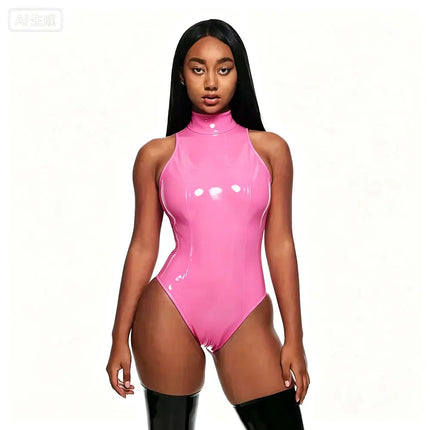 Sexy Sleevess Faux Latex Bodysuits Women Wet Look Patent Leather Bodysuits High Neck Stretch PU Bodycon Bodyduits Clubwear New