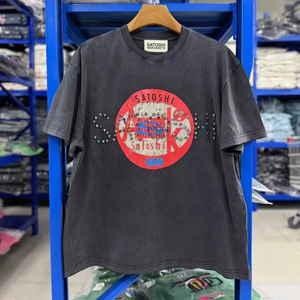 Satoshi New Arrival Carbon Gray Tee High Quality O-Neck Print Oversize Men T Short Sleeve Cotton T-shirts Washing Black White
