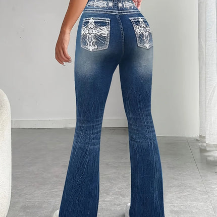 Slimming Micro Flare Pants Polyester Elastic Printed And Embroidered Denim Look Bottoms for Women Elegant Fashionable
